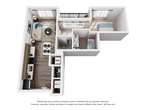 Floor plan for 1 bed, 1 bath, 668 sqft